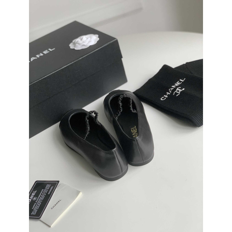 Ch*el ballerina lambskin flats black