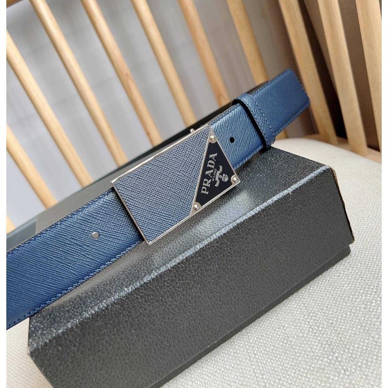 Pra*a saffiano leather belt with triangle logo navy blue