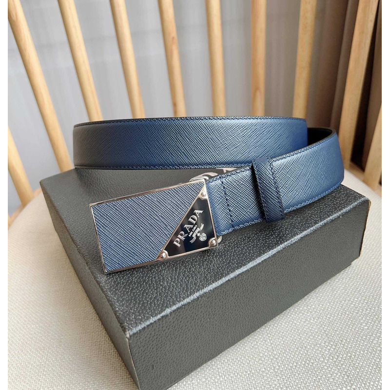 Pra*a saffiano leather belt with triangle logo navy blue