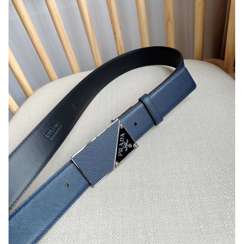 Pra*a saffiano leather belt with triangle logo navy blue