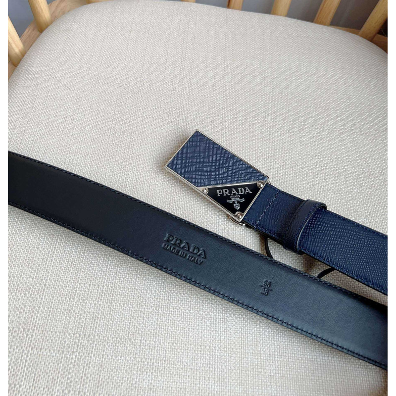 Pra*a saffiano leather belt with triangle logo navy blue