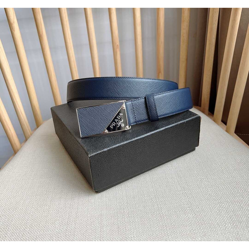 Pra*a saffiano leather belt with triangle logo navy blue