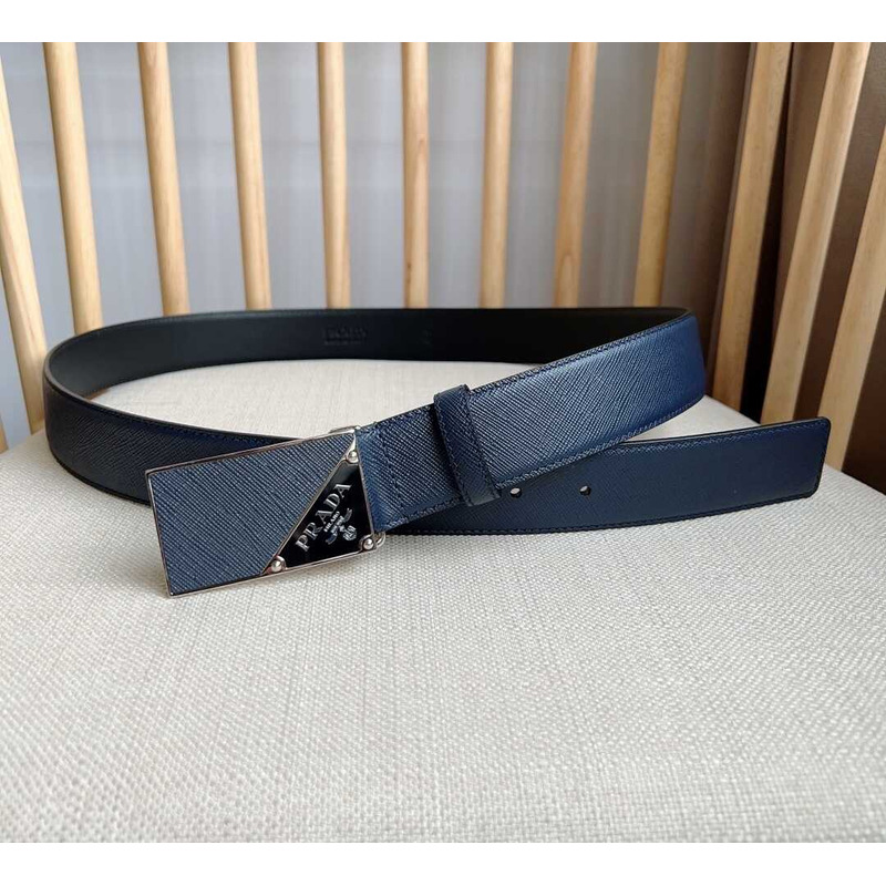 Pra*a saffiano leather belt with triangle logo navy blue