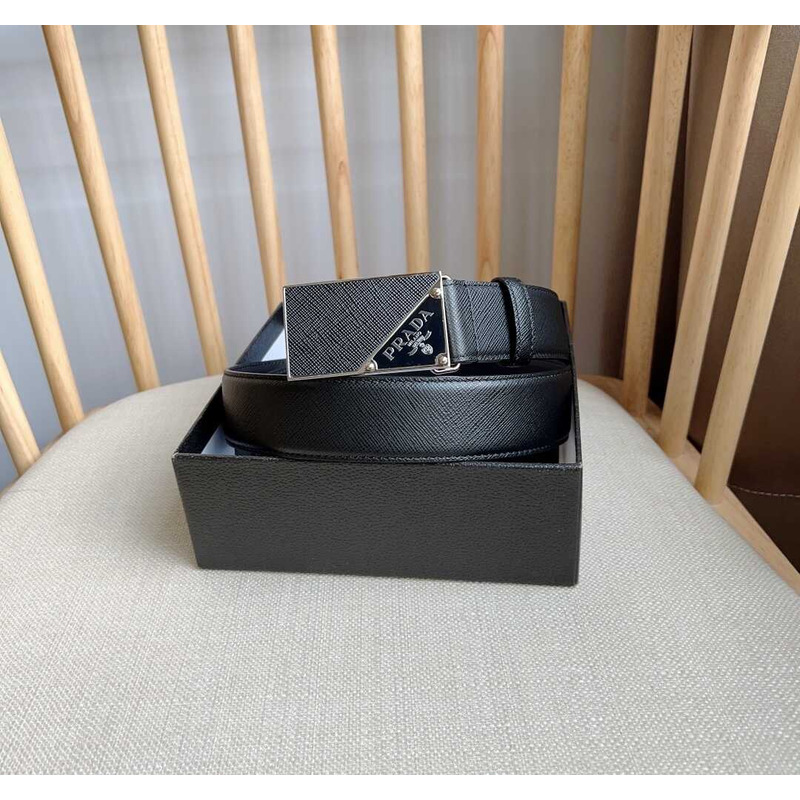 Pra*a saffiano leather belt with triangle logo black