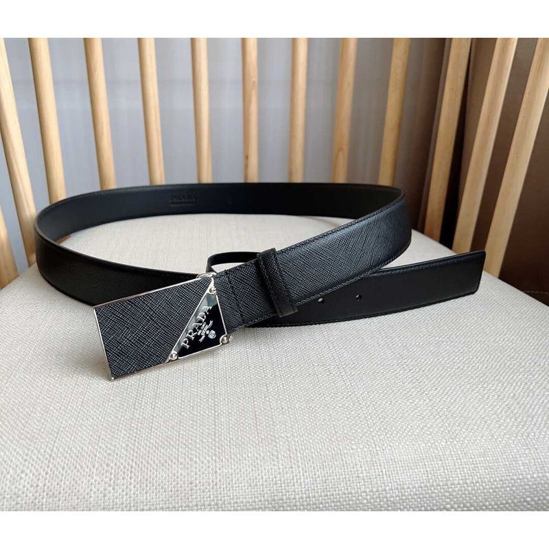 Pra*a saffiano leather belt with triangle logo black