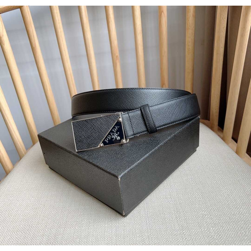 Pra*a saffiano leather belt with triangle logo black