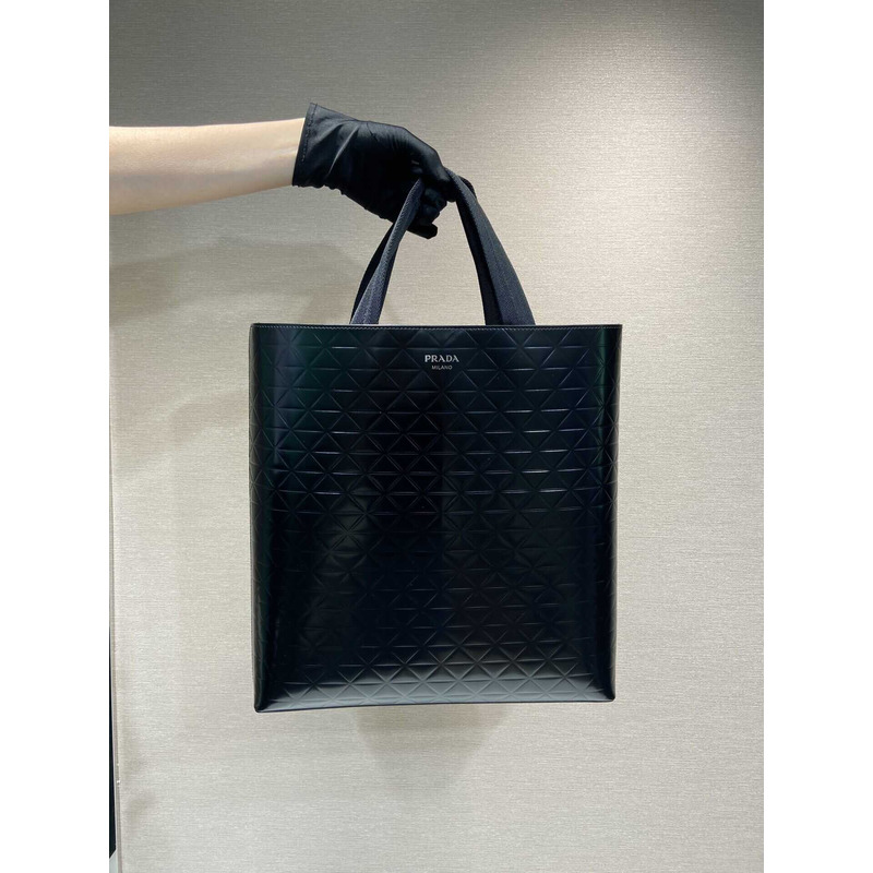 Pra*a brushed leather tote bag with water bottle and hot-stamped embossed motif black