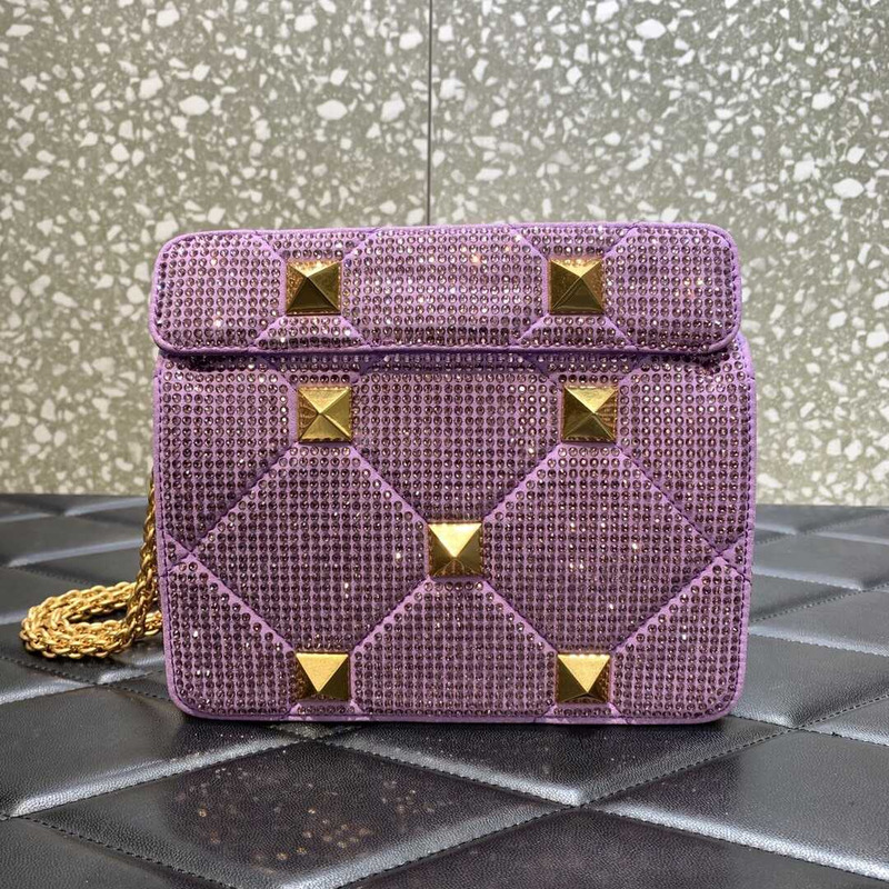 Valentino Small Garavani Roman Stud Rhinestone Embellished Shoulder Bag Purple