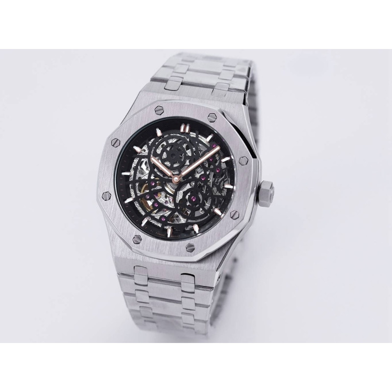 Audemars Piguet Royal Oak Openworked Steel Mens Watch Sliver Black Dial