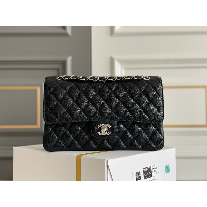 Ch*el classic double flap quilted caviar silver-tone medium black