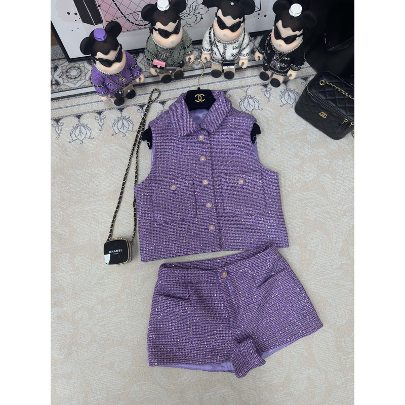 Ch*el glittered tweed vest and shorts purple & silver