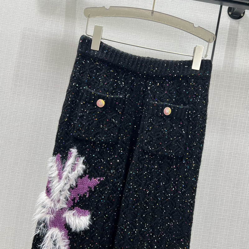 Ch*el glittered wool & mixed fibers trousers black & multicolor