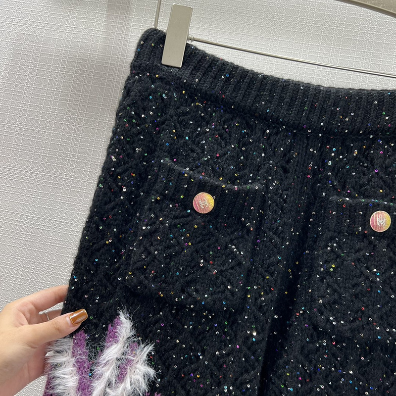 Ch*el glittered wool & mixed fibers trousers black & multicolor