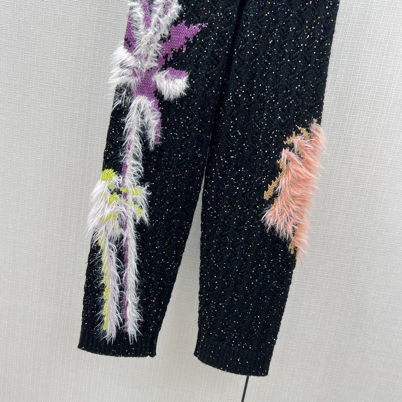 Ch*el glittered wool & mixed fibers trousers black & multicolor