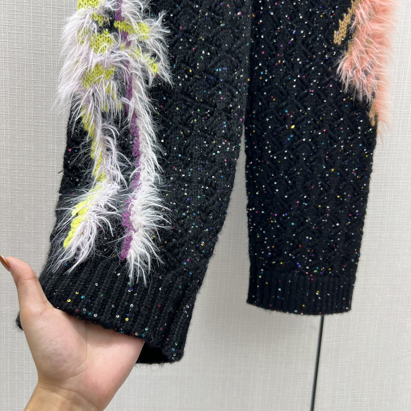 Ch*el glittered wool & mixed fibers trousers black & multicolor