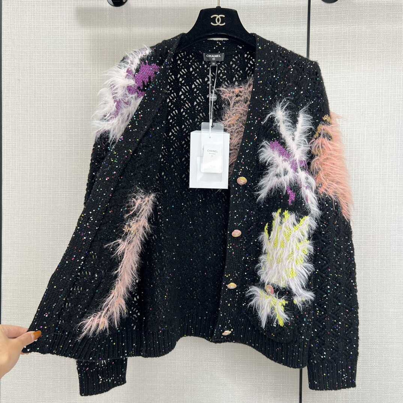 Ch*el glittered wool & mixed fibers cardigan black & multicolor