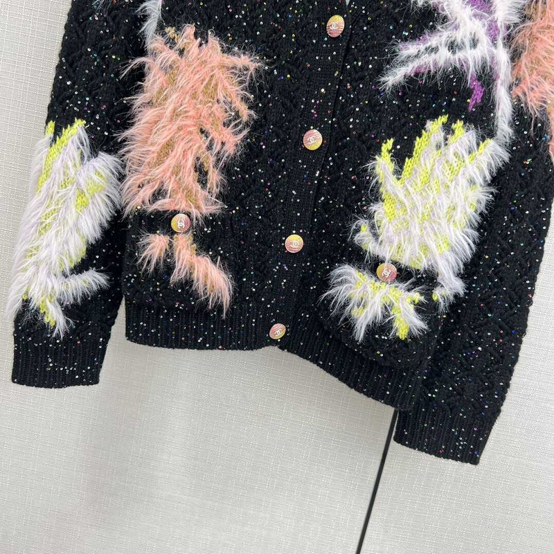 Ch*el glittered wool & mixed fibers cardigan black & multicolor