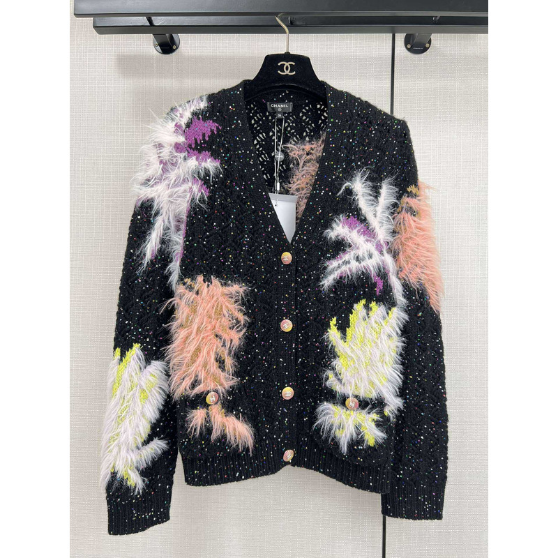 Ch*el glittered wool & mixed fibers cardigan black & multicolor