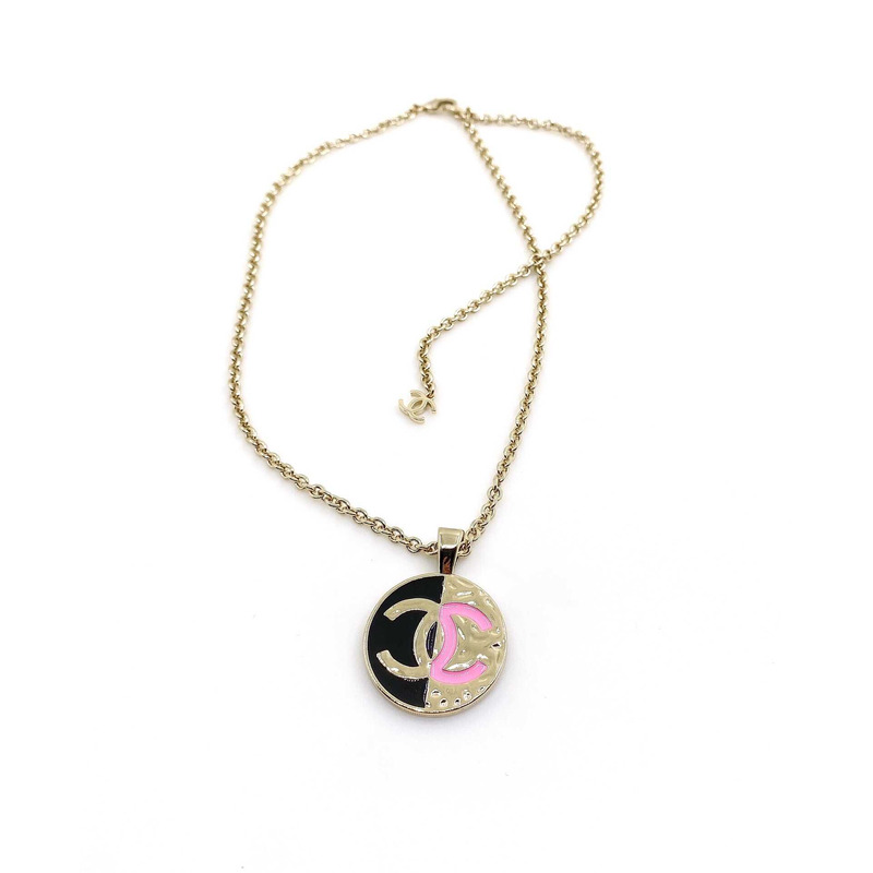 Ch*el pendant necklace metal gold black and pink