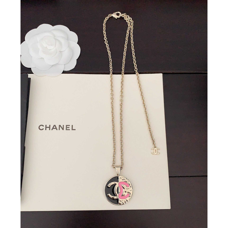 Ch*el pendant necklace metal gold black and pink