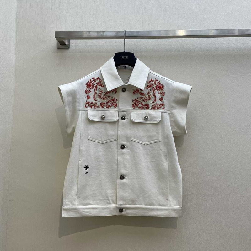 D*or embroidered jacket cotton denim and coral-colored beads white