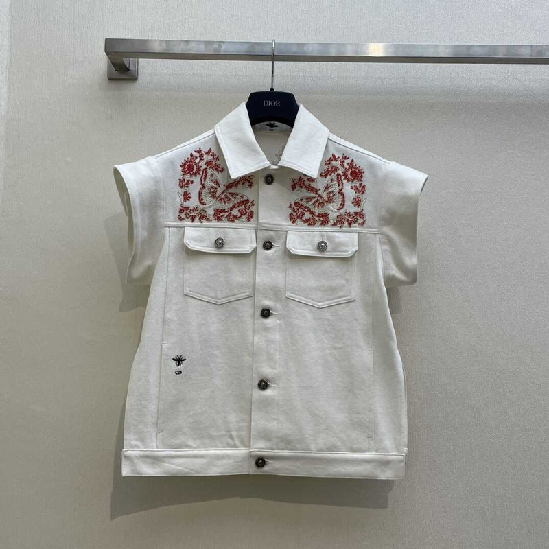 D*or embroidered jacket cotton denim and coral-colored beads white