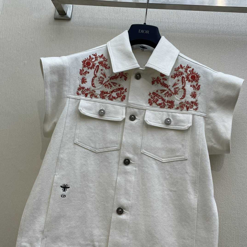 D*or embroidered jacket cotton denim and coral-colored beads white