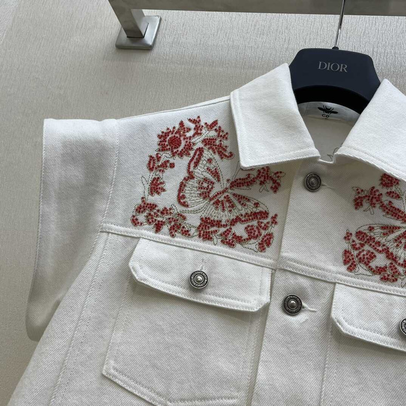 D*or embroidered jacket cotton denim and coral-colored beads white