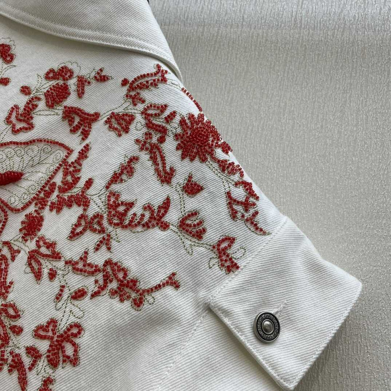 D*or embroidered jacket cotton denim and coral-colored beads white