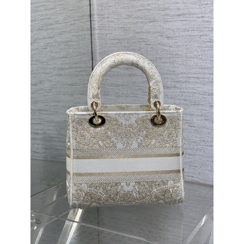 ch**an D*or medium lady d-lite bag gold-tone and white butterfly around the world embroidery