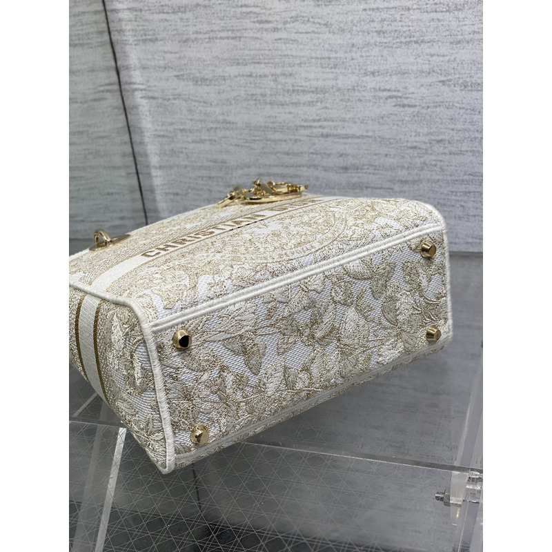 ch**an D*or medium lady d-lite bag gold-tone and white butterfly around the world embroidery