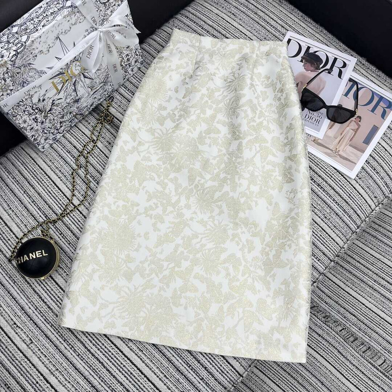 D*or mid-length flared skirt white technical jacquard with gold-tone allover butterfly motif