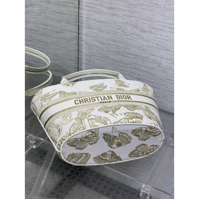 ch**an D*or hat basket bag white and gold-tone gradient butterflies embroidery