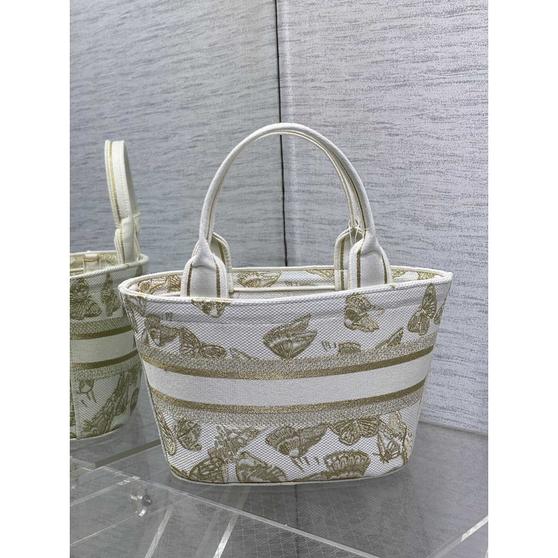 ch**an D*or hat basket bag white and gold-tone gradient butterflies embroidery