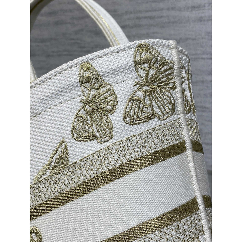 ch**an D*or hat basket bag white and gold-tone gradient butterflies embroidery