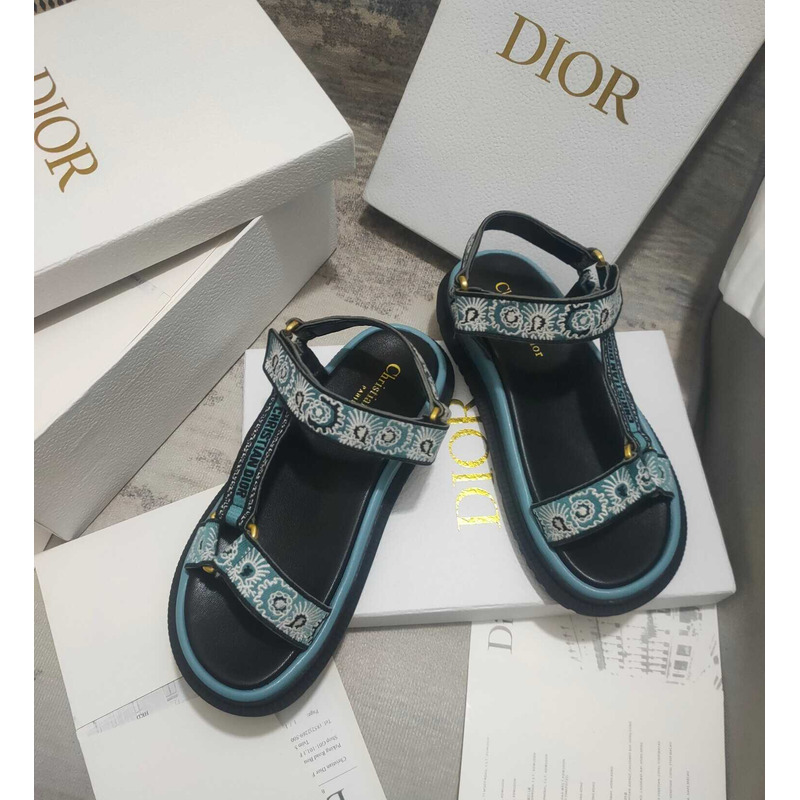 ch**an D*or d-wave sandal denim blue multicolor embroidered cotton with butterfly bandana motif