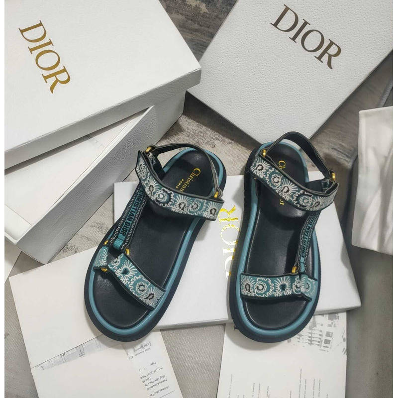 ch**an D*or d-wave sandal denim blue multicolor embroidered cotton with butterfly bandana motif