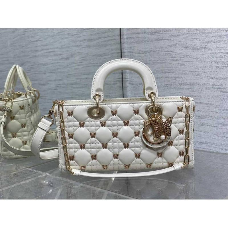 D*or medium lady d-joy bag cannage lambskin gold-finish butterfly studs white