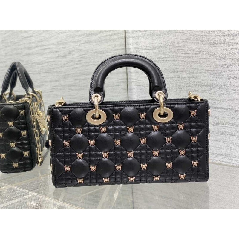 D*or medium lady d-joy bag cannage lambskin gold-finish butterfly studs black