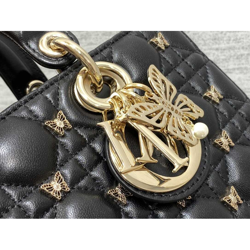 D*or medium lady d-joy bag cannage lambskin gold-finish butterfly studs black