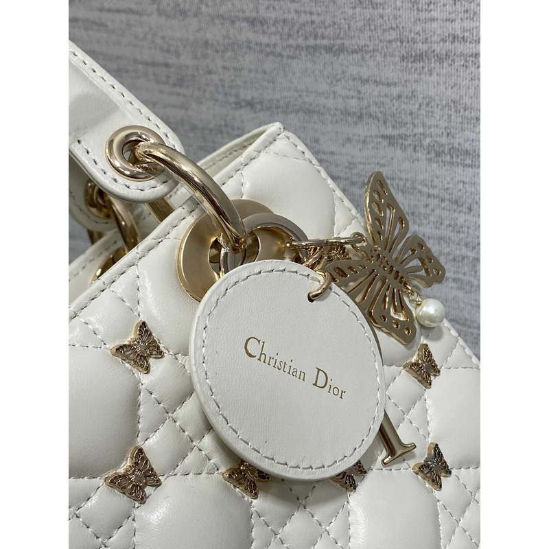 D*or small lady D*or bag lambskin gold-finish butterfly studs white