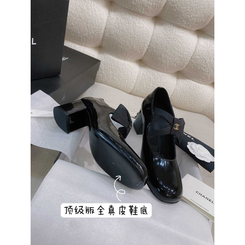 Ch*el mary jane calf patent leather and grosgrain black