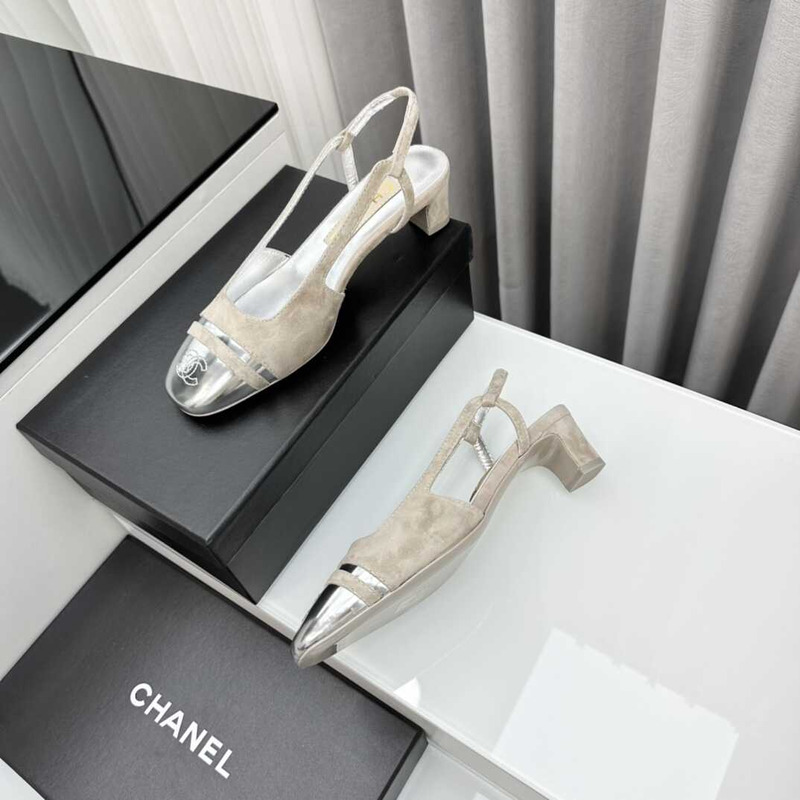 Ch*el velvet and leather slingbacks silver and grey