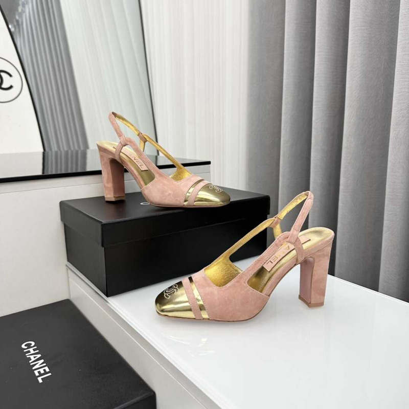 Ch*el velvet and leather high heel slingbacks golden and pink