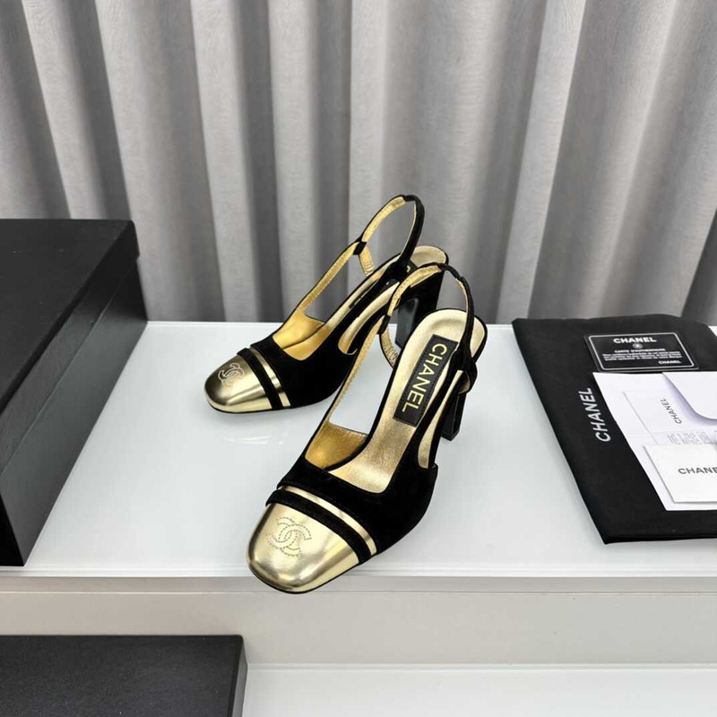 Ch*el velvet and leather high heel slingbacks golden and black