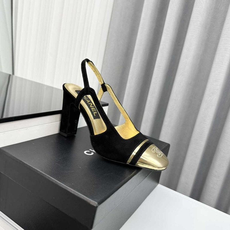 Ch*el velvet and leather high heel slingbacks golden and black