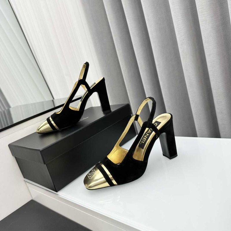 Ch*el velvet and leather high heel slingbacks golden and black