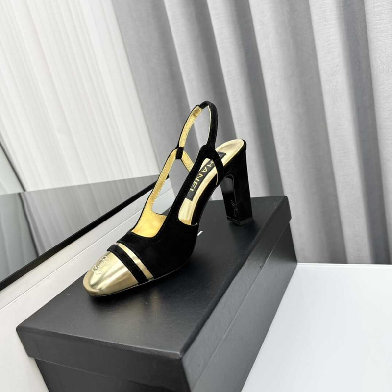 Ch*el velvet and leather high heel slingbacks golden and black