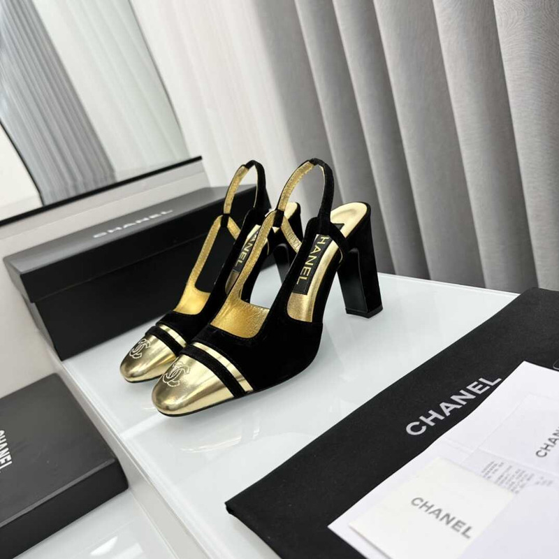 Ch*el velvet and leather high heel slingbacks golden and black