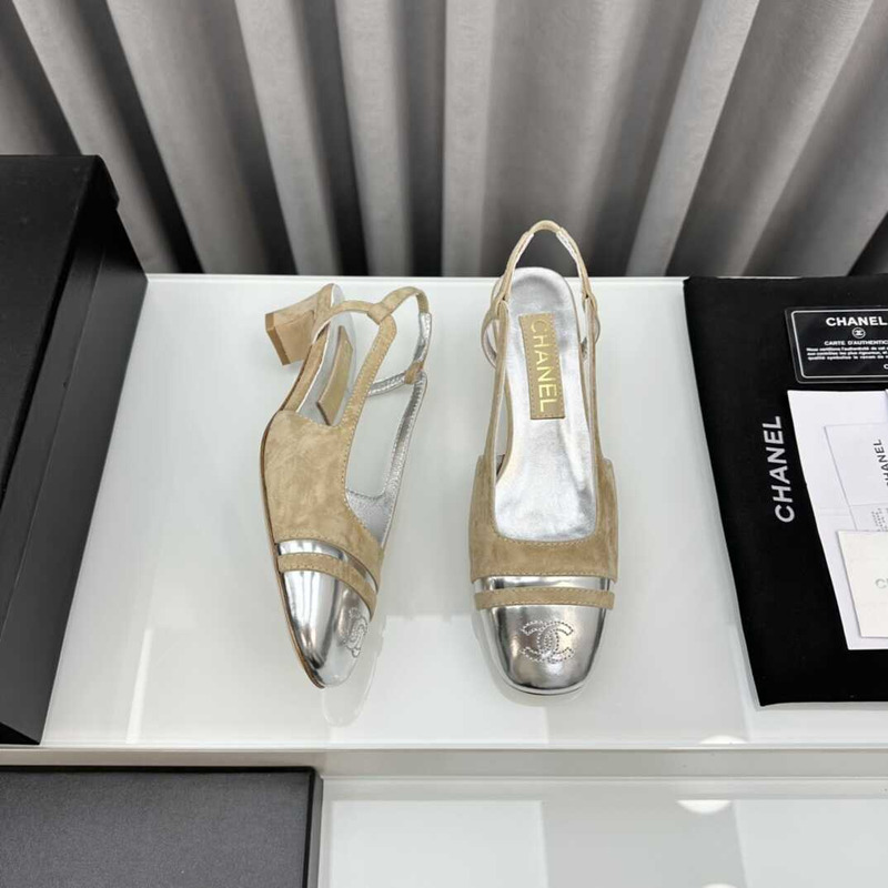 Ch*el velvet and leather slingbacks silver and beige